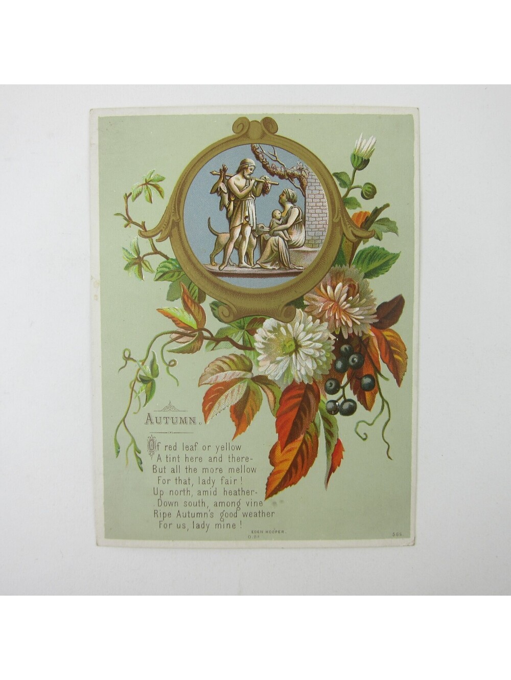 Victorian Greeting Card Autumn Fall Flowers Roman Man Woman Child Dog Antique